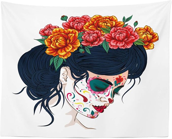 Ambesonne Day of the Dead Tapestry, Girl with Sugar Skull Makeup and Floral Wreath Cartoon Graphic, Fabric Wall Hanging Decor for Bedroom Living Room Dorm, 28" X 23", Multicolor - sugar skull wreath for front door