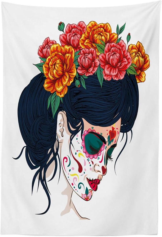 Ambesonne Day of the Dead Tapestry, Girl with Sugar Skull Makeup and Floral Wreath Cartoon Graphic, Fabric Wall Hanging Decor for Bedroom Living Room Dorm, 30" X 45", Multicolor - sugar skull wreath for front door