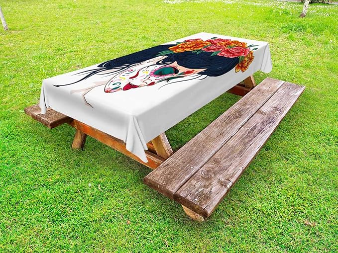 Ambesonne Day of The Dead Outdoor Tablecloth, Girl with Sugar Skull Makeup and Floral Wreath Cartoon Graphic, Decorative Washable Picnic Table Cloth, 58" X 84", Multicolor - sugar skull wreath for front door