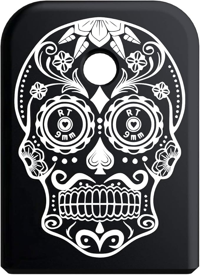 Magazine Base Plate for Glock Gen 1-5 - Black (Flat Sides) Rowe Sugar Skull Graphic - Fits 9mm .40 Cal .357 Sig 45 Gap - sugar skull plates set