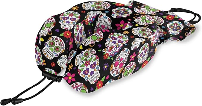 ALAZA Memory Foam Travel Pillow Day of The Dead Sugar Skull Halloween Neck Pillow for Airplane Travel Kit with Snap Clip, Soft Comfortable and Washable - sugar skull throw pillow