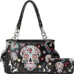 Sugar Skull Rose Flower Day of the Dead Purse Punk Gothic Totes Women Fashion Handbag Skeleton Shoulder Bag Wallet Set - sugar skull handbags for sale