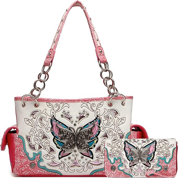 Western Style Spring Butterfly Flower Purse Women Country Handbag Rhinestone Stud Shoulder Bag Wallet Set - sugar skull handbags for sale