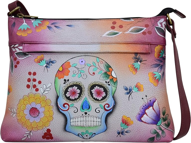 Women Hand Painted Leather Medium Crossbody - sugar skull handbags for sale