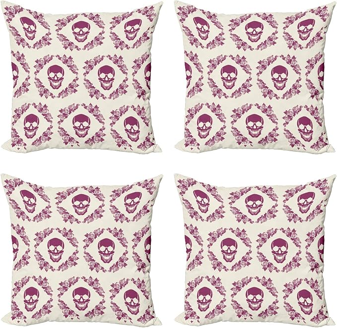 Ambesonne Sugar Skull Throw Pillow Cushion Case Pack of 4, Monochrome Style Calavera Inspired Surround by Circular Floral Wreath Print, Modern Accent Double-Sided Digital Printing, 16", Fuchsia Cream - sugar skull wreath for front door