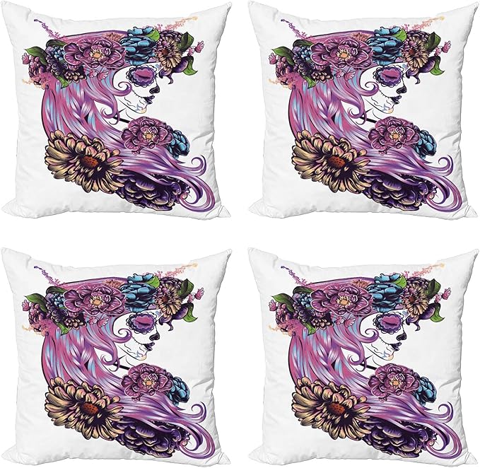 Lunarable Gothic Decorative Throw Pillow Case Pack of 4, Day of Dead Illustration Sugar Skull Girl in Flower Wreath Print Latin American, Cushion Cover for Couch Living Room Car, 18", Multicolor - sugar skull wreath for front door