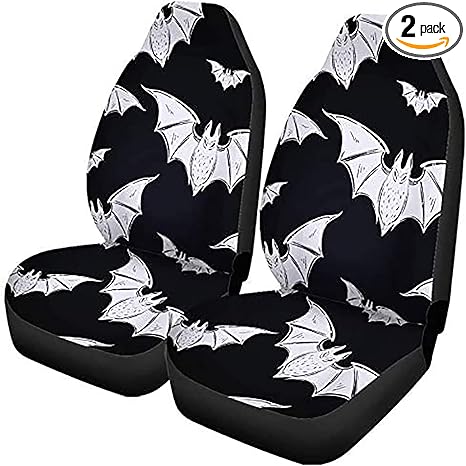 Set of 2 Car Seat Covers, Bat Goth Accessories, Black and White Abstract Pattern Bats Symbols Black Universal Auto Goth Accessories Front Seats Protector Fits for Car,SUV Sedan,Truck - sugar skull car seat covers set