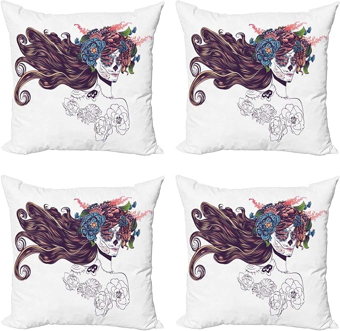 Lunarable Ethnic Throw Pillow Cushion Case Pack of 4, Traditional Sugar Skull Girl with Flower Wreath Mourning Festival Day, Modern Accent Double-Sided Digital Printing, 16", Multicolor - sugar skull wreath for front door