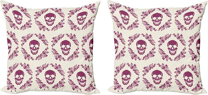 Ambesonne Sugar Skull Throw Pillow Cushion Cover Pack of 2, Monochrome Style Calavera Inspired Surround by Circular Floral Wreath Print, Zippered Double-Side Digital Print Decor, 24", Fuchsia Cream - sugar skull wreath for front door