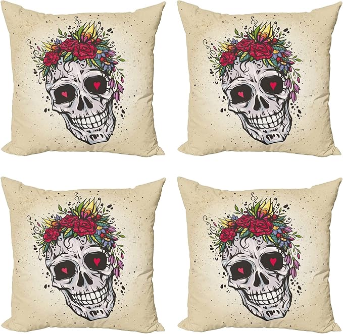 Ambesonne Sugar Skull Throw Pillow Cushion Case Pack of 4, Human Skull with Wreath of Roses and Wild Flowers Hearts in Boho Form Design, Modern Accent Double-Sided Digital Printing, 18", Multicolor - sugar skull wreath for front door