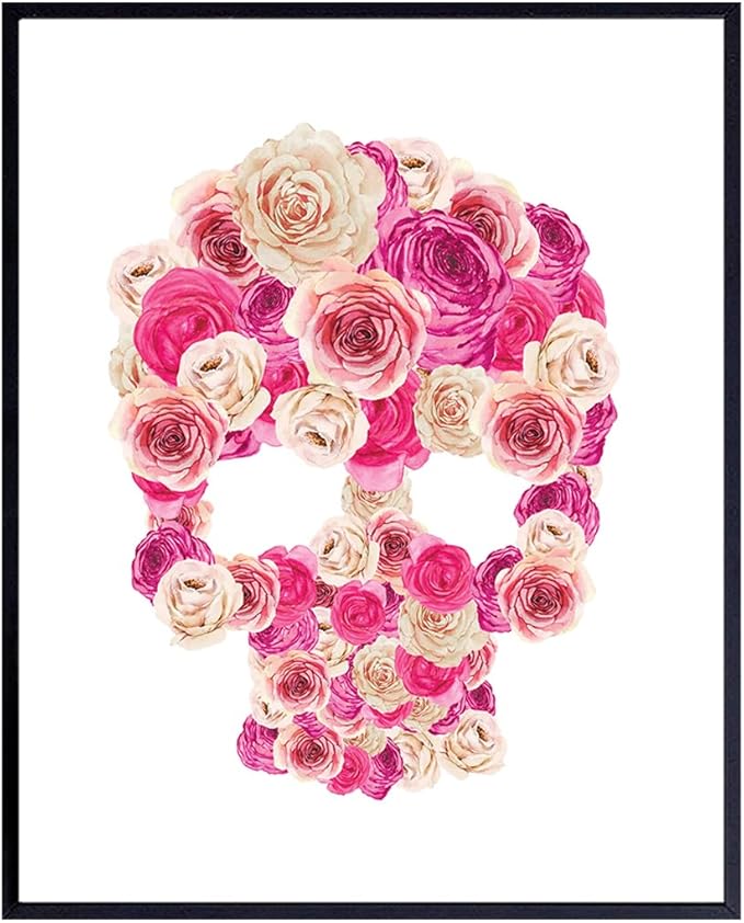 Skull Wall Decor - Skull Wall Art - Shabby Chic Decoration - Goth for Women - Gothic Home Print - Rose - Room Artwork for Teen Girls - Living Room, Bedroom Picture for Women - sugar skull poster print