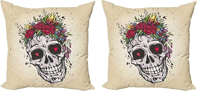 Ambesonne Sugar Skull Throw Pillow Cushion Cover Pack of 2, Human Skull with Wreath of Roses and Wild Flowers Hearts in Boho Form Design, Zippered Double-Side Digital Print Decor, 18", Multicolor - sugar skull wreath for front door
