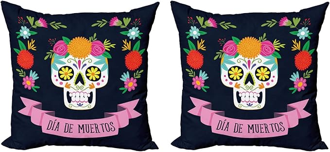 Ambesonne Sugar Skull Decorative Throw Pillow Case Pack of 2, Day of Deadme Colorful Skull with a Floral Wreath, Couch Bedroom Living Room Cushion Cover, 24", Navy Blue and Multicolor - sugar skull wreath for front door