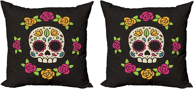 Ambesonne Sugar Skull Decorative Throw Pillow Case Pack of 2, Dia de Los Muertos Concept Colorful Graphic Skull with Floral Wreath, Couch Bedroom Living Room Cushion Cover, 18", Multicolor - sugar skull wreath for front door