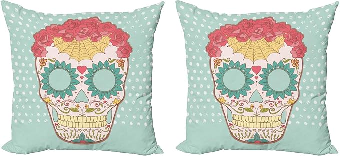 Ambesonne Sugar Skull Throw Pillow Cushion Cover Pack of 2, Image of Lady Skeleton Head Ornamented with Floral Wreath and Cultural Motifs, Zippered Double-Side Digital Print Decor, 24", Multicolor - sugar skull wreath for front door
