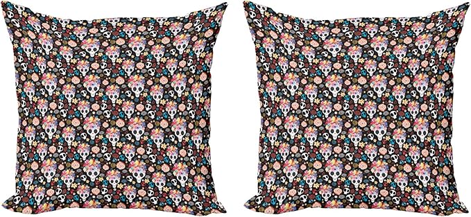 Ambesonne Sugar Skull Decorative Throw Pillow Case Pack of 2, Funky and Pattern with Spooky Skulls Floral Wreaths Hearts, Couch Bedroom Living Room Cushion Cover, 20", Black and Multicolor - sugar skull wreath for front door