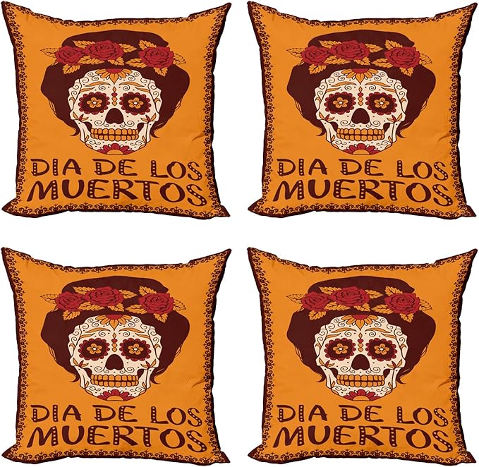 Ambesonne Sugar Skull Throw Pillow Cushion Case Pack of 4, Mexican Skull Girl with Hair and Flower Wreath Print, Modern Accent Double-Sided Digital Printing, 16", Brown Marigold - sugar skull wreath for front door