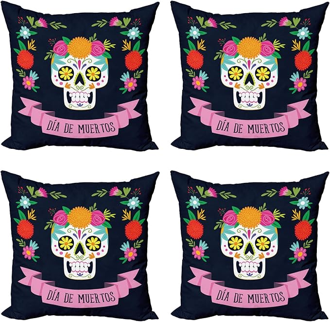 Ambesonne Sugar Skull Throw Pillow Cushion Case Pack of 4, Day of Deadme Colorful Skull with a Floral Wreath, Modern Accent Double-Sided Digital Printing, 16", Navy Blue and Multicolor - sugar skull wreath for front door