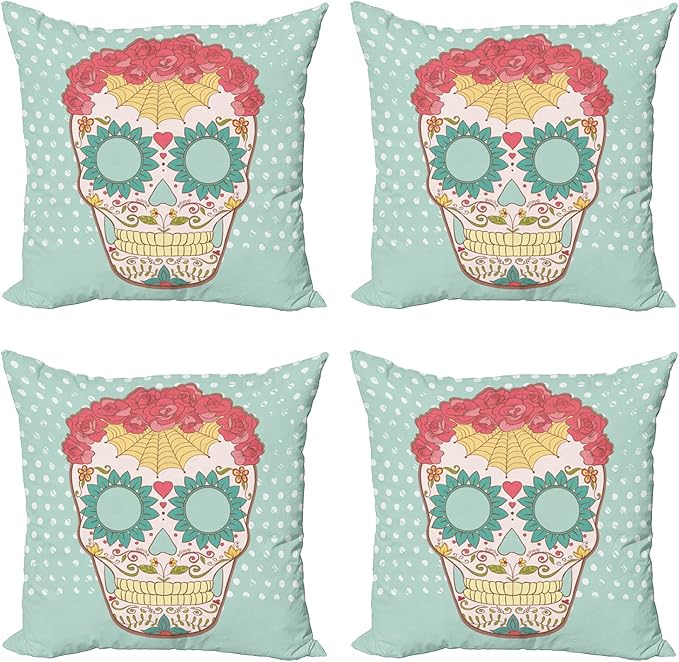 Ambesonne Sugar Skull Throw Pillow Cushion Case Pack of 4, Image of Lady Skeleton Head Ornamented with Floral Wreath and Cultural Motifs, Modern Accent Double-Sided Digital Printing, 16", Multicolor - sugar skull wreath for front door