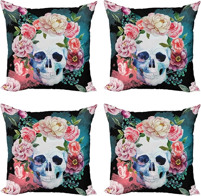 Ambesonne Sugar Skull Decorative Throw Pillow Case Pack of 4, Watercolor Style Gothic Skull Image with Tender Peonies as Festival Wreath, Cushion Cover for Couch Living Room Car, 20", Multicolor - sugar skull wreath for front door