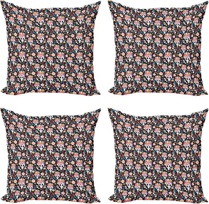 Ambesonne Sugar Skull Decorative Throw Pillow Case Pack of 4, Funky and Pattern with Spooky Skulls Floral Wreaths Hearts, Cushion Cover for Couch Living Room Car, 20", Black and Multicolor - sugar skull wreath for front door