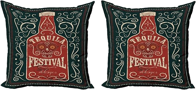 Ambesonne Tequila Throw Pillow Cushion Cover Pack of 2, Retro Poster Like Design Swirls and Bottle with Sugar Skull, Zippered Double-Side Digital Print Decor, 16", Charcoal Grey Paprika - sugar skull poster print
