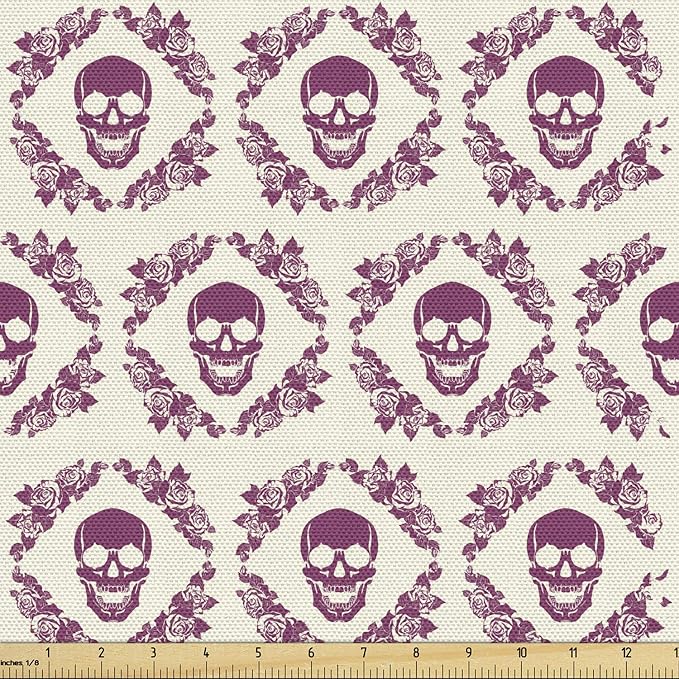 Ambesonne Sugar Skull Fabric by The Yard, Monochrome Style Calavera Inspired Surround by Circular Floral Wreath Print, Decorative Fabric for Upholstery and Home Accents, 1 Yard, Fuchsia Cream - sugar skull wreath for front door