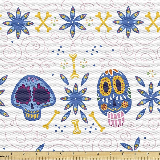 Ambesonne Cinco de Mayo Fabric by The Yard, Cultural Sugar Skulls Bones and Flowers Pattern, Decorative Fabric for Upholstery and Home Accents, 1 Yard, Azure Blue - sugar skull table lamp