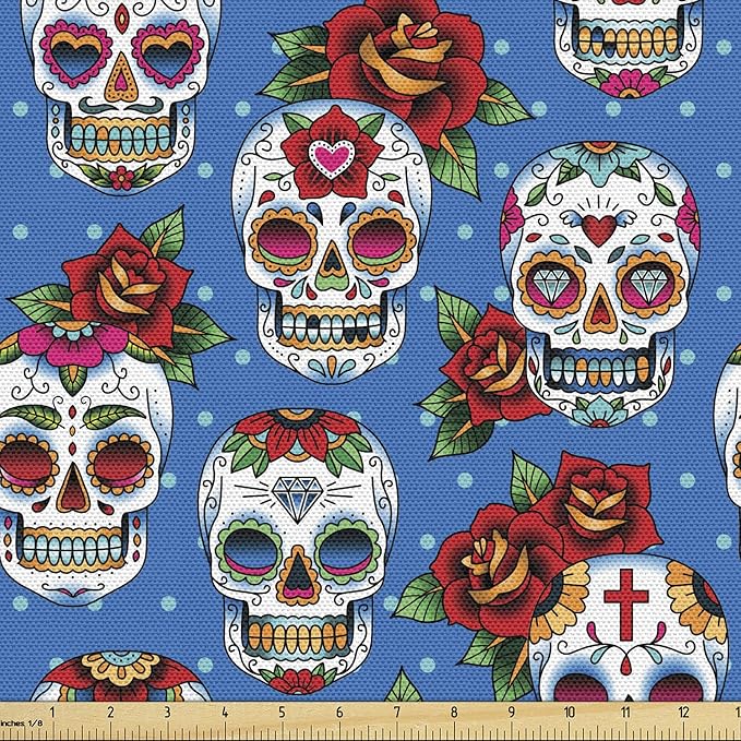 Ambesonne Sugar Skull Fabric by The Yard, Pattern Skulls and Roses in Floral Mexican Style Ornaments Print, Decorative Fabric for Upholstery and Home Accents, 1 Yard, Blue Red Ivory - sugar skull christmas ornament