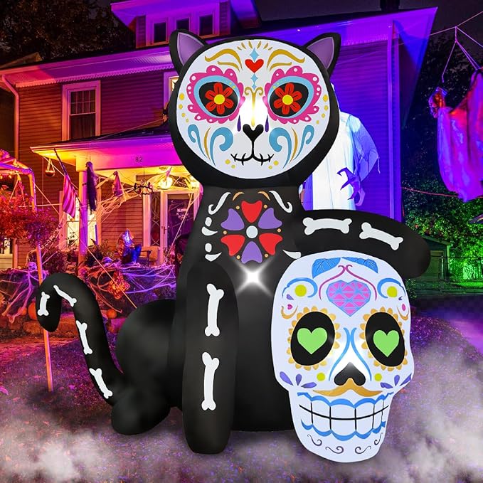 BLOWOUT FUN Halloween Decorations 5FT Inflatable Black Cat Decoration, Dia De Los Muertos Sugar Skull, Day of The Dead Blow Up, Built-in LED Lights Décor for Holiday Party Yard Lawn Indoor Outdoor - sugar skull christmas decorations