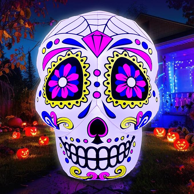 SEASONBLOW 4.5 Ft Halloween Inflatable Sugar Skull Decoration LED Light Up Day of The Dead Blow Up Sugar Skulls for Halloween Party Indoor Outdoor Garden Yard Decor - sugar skull christmas decorations