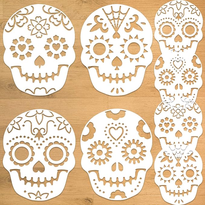 Konsait 8Pack Day of The Dead Cake Stencils Templates, Sugar Skull Cake Stencils Día de Los Muertos Mexican Party Halloween Reusable Cake Cookies Baking Painting Mold Tools, Small & Large Sizes - sugar skull temporary tattoo