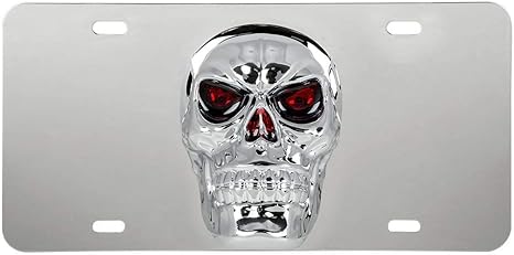 GG Grand General 60286 Stainless Steel License Plate w/ 3D Big Skull Emblem, 4 Holes, Chrome - sugar skull plates set