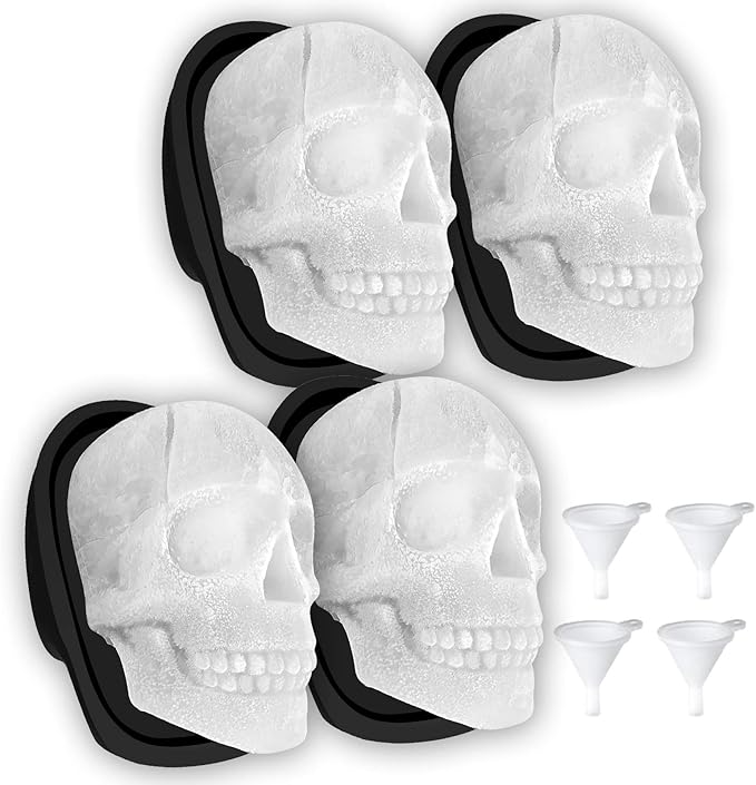 Extra Large 3D Skull Ice Cube Mold Silicone Ice Molds for Whiskey Ice Cube Trays with Funnel for Big Mouth Cup Skull Ice Maker with Resin Chocolate sugar Whiskey Ice Mold for Parties (4 PCS) - sugar skull coffee cup