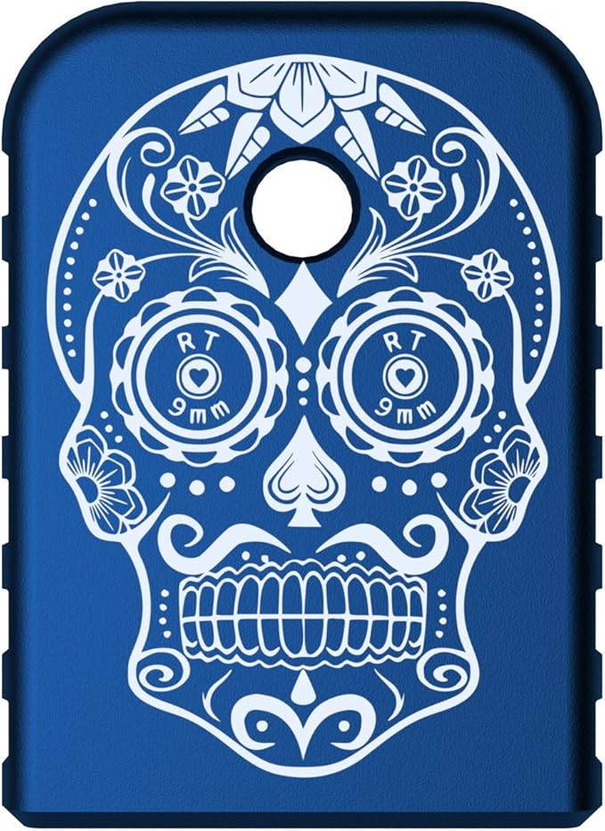 Magazine Base Plate for Glock Gen 1-5 - Blue (Straight Serrations) Rowe Sugar Skull Graphic - Fits 9mm .40 Cal .357 Sig 45 Gap - sugar skull plates set