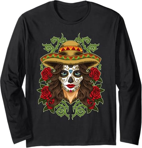 Day Of The Dead Fashion Wear - sugar skull long sleeve shirt mens