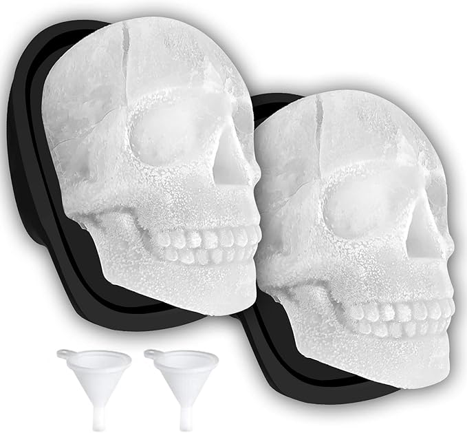 Extra Large 3D Skull Ice Cube Mold Silicone Ice Molds for Whiskey Ice Cube Trays with Funnel for Big Mouth Cup Skull Ice Maker with Resin Chocolate sugar Whiskey Ice Mold for Parties (2 PCS) - sugar skull tumbler with straw