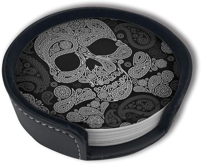 Paisley Sugar Skull Drinks Coasters With Holder, Suitable For Kinds Of Cups, Set Of 6 - sugar skull coffee cup