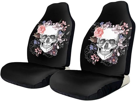 Foruidea Sugar Skull Flower Car Seat Covers for Women Vehicle Seat Protector Bucket Seat Cover Fit for Cars,Trucks,SUVs and Vans - sugar skull car seat covers set