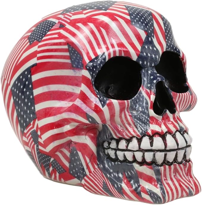 Ebros Gift Day of The Dead American Patriotic Liberty USA Flags Tattoo Sugar Skull Statue As Decorative Halloween Prop Gothic Haunted Themed Skeleton Cranium Figurine - sugar skull temporary tattoo