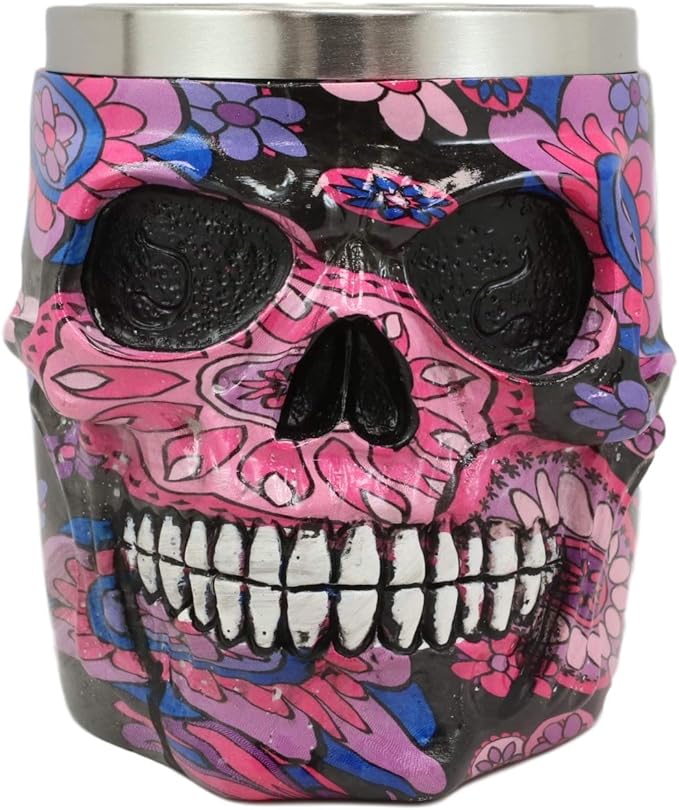 Ebros Gothic Black Day of The Dead Sugar Skull Coffee Mug 13Oz With Pink Blue And Purple Floral Colors Drink Safe Novelty Tankard Cup As Halloween Haunted Theme Party Decor Ice Breaker - sugar skull coffee cup