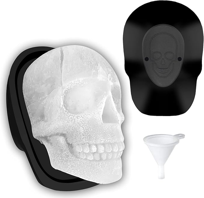 Extra Large 3D Skull Ice Cube Mold Silicone Ice Molds for Whiskey Ice Cube Trays with Funnel for Big Mouth Cup Skull Ice Maker with Resin Chocolate sugar Whiskey Ice Mold for Parties (1 PCS) - sugar skull candle holder