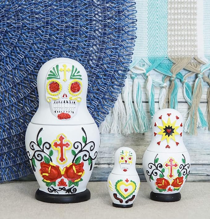 Ebros 3 Piece Set Day of The Dead Sugar Skulls Spirit Skeletons Nesting Dolls Matroyshka Babushka Figurines 6" Tall Ossuary Macabre Halloween Accent (White) - sugar skull figurine collectible