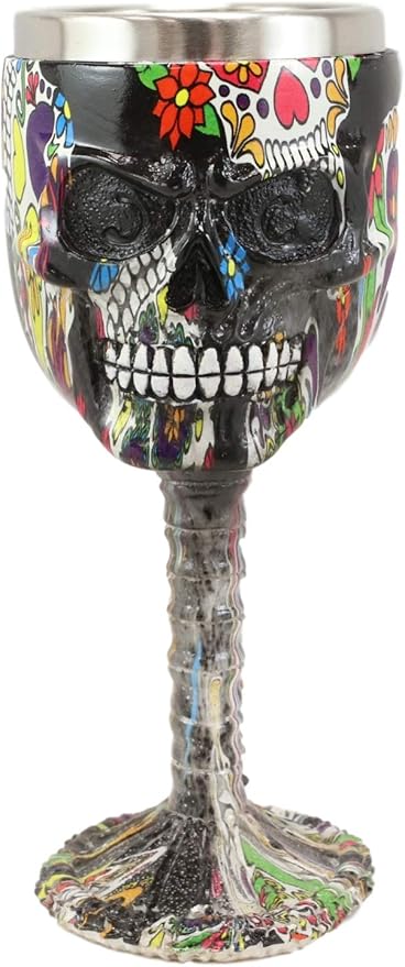 Ebros Day Of The Dead Gothic Black Floral Sugar Skull Calavera Faces Beverage Wine Goblet Chalice Drinkware Serveware Ossuary Macabre Halloween Decorative Accent Party Hosting Accessory - sugar skull wine glass