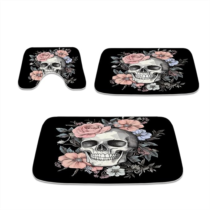 TheBlackSpot Floral Sugar Skull and Rose Bathroom Rugs Bath Mat Sets 3 Piece Imitation Cashmere Anti Slip Mats,U-Shaped Contour Shower Mat - sugar skull area rug