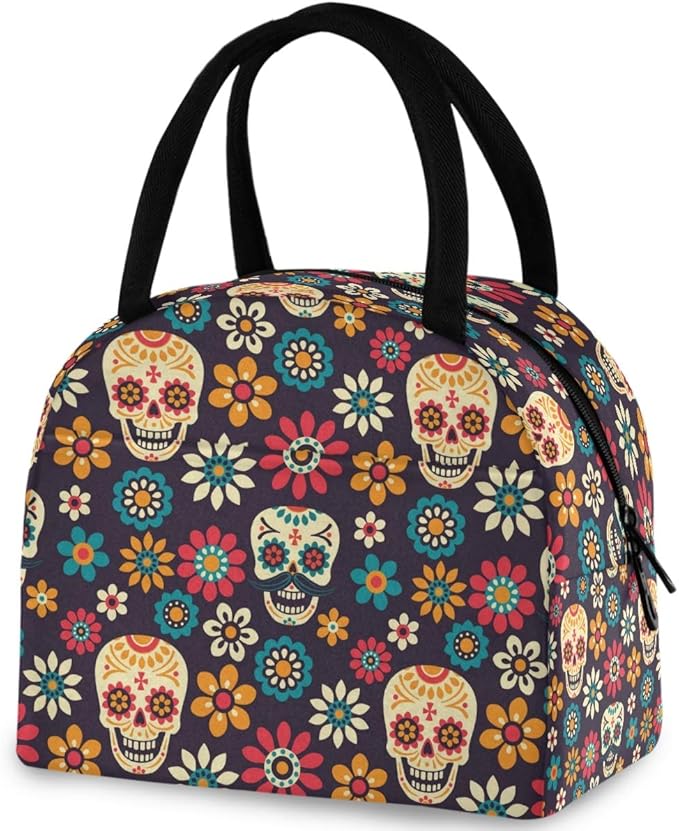 Chic Sugar Skull Day Of The Dead Reusable Lunch Tote Bag with Front Pocket Zipper Closure Insulated Thermal Cooler Container Bag for Man Women Work Picnic Travel Beach Fishing - canvas sugar skull tote bag