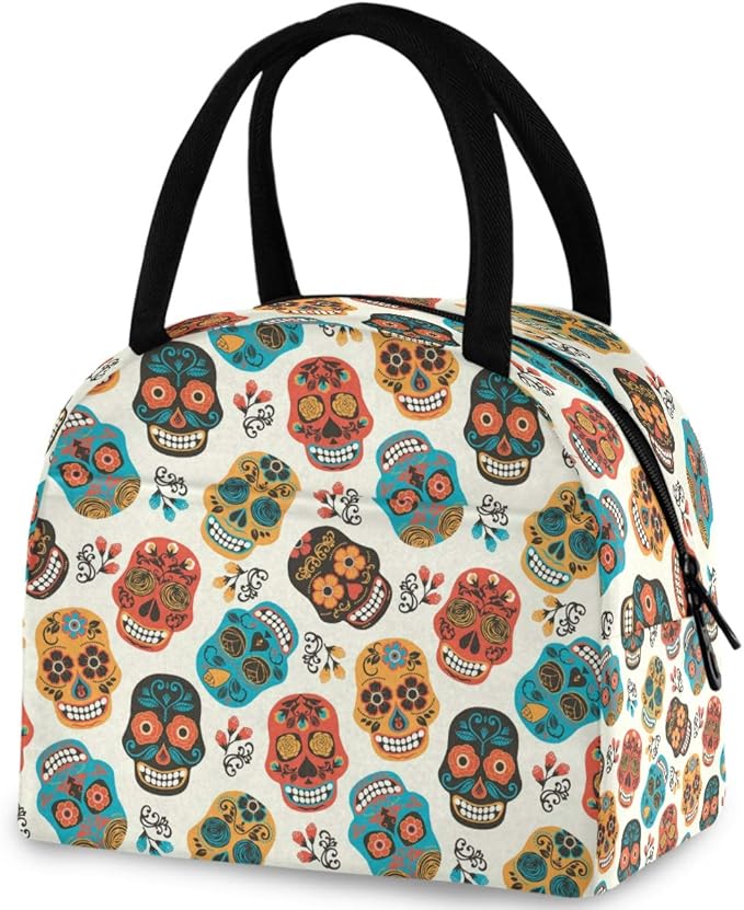 ZzWwR Day of the Dead Colors Sugar Skulls Reusable Lunch Tote Bag with Front Pocket Zipper Closure Insulated Thermal Cooler Container Bag for Man Women Work Picnic Travel Beach Fishing - sugar skull wallets for women