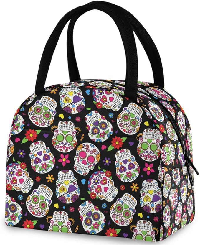 Chic Day of the Dead Sugar Skulls Pattern Reusable Lunch Tote Bag with Front Pocket Zipper Closure Insulated Cooler Container Bag for Man Women Work Picnic Travel Beach Fishing - canvas sugar skull tote bag