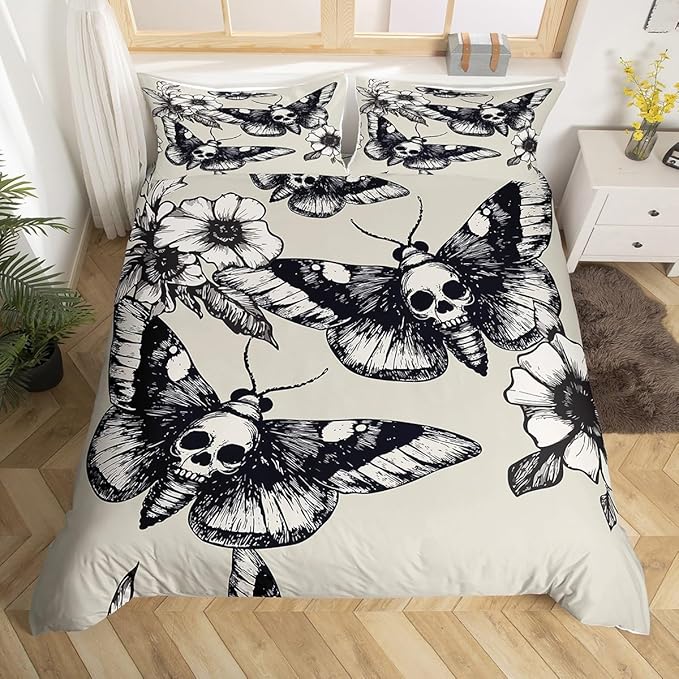 Skull Comforter Cover Set King Size Moth Printed Gothic Style Duvet Cover For Teen Boys Kids Sugar Skull Pattern Botanical Floral Decor Gray White Black Soft Microfiber Bedding Set With Zipper Ties - sugar skull bedding set