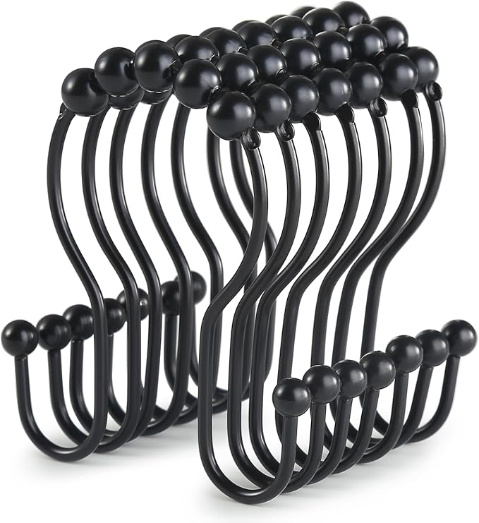 Goowin Shower Curtain Hooks, 12 Pcs Shower Curtain Rings, Stainless Steel Black Shower Curtain Hooks, Shower Curtain Rings Rust Proof, Smooth Sliding Anti-Drop Double Shower Rings for Curtain (Black) - sugar skull shower curtain set